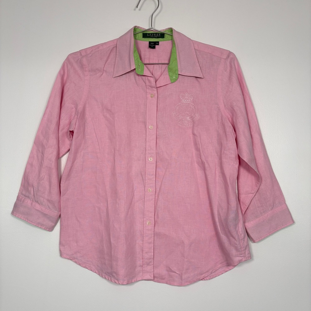 Lauren Ralph Lauren‎ Womens Shirt PM Pink Linen 3/4 Sleeve Crest Embroidered
